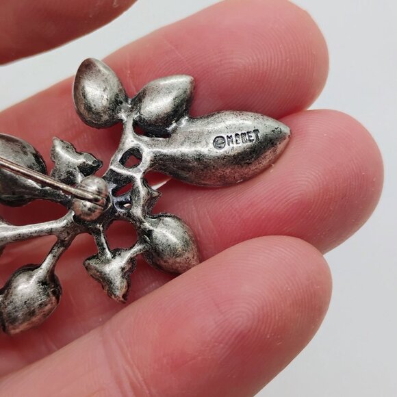 Monet Large Black Rhinestone & Faux Pearl Flower Spray Brooch Silver Tone 3.5" - Picture 5 of 7